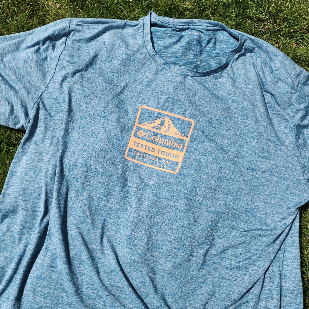 Columbia T-Shirt Mens XXL Tested Tough Blue Heather Recycled Poly Active Hiking